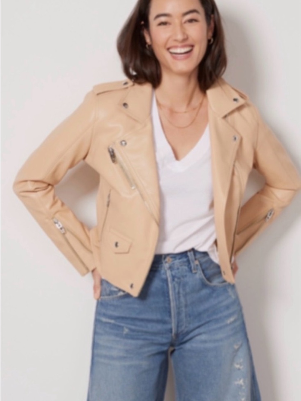 Blank NYC Beige Faux-Leather Moto Jacket